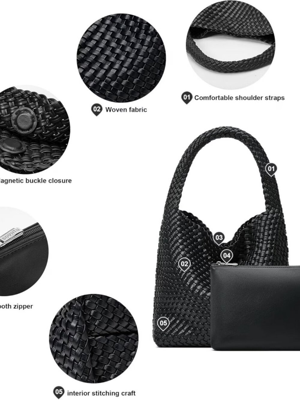 Black Large Woven Vegan Leather Shoulder Tote & Pouch Set - Picture 7 of 8